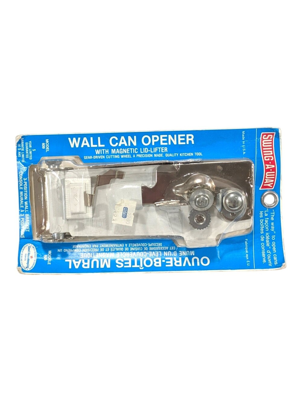 Vintage Swing Away Handle Wall Mount Manual Can Opener White & Silver NOS
